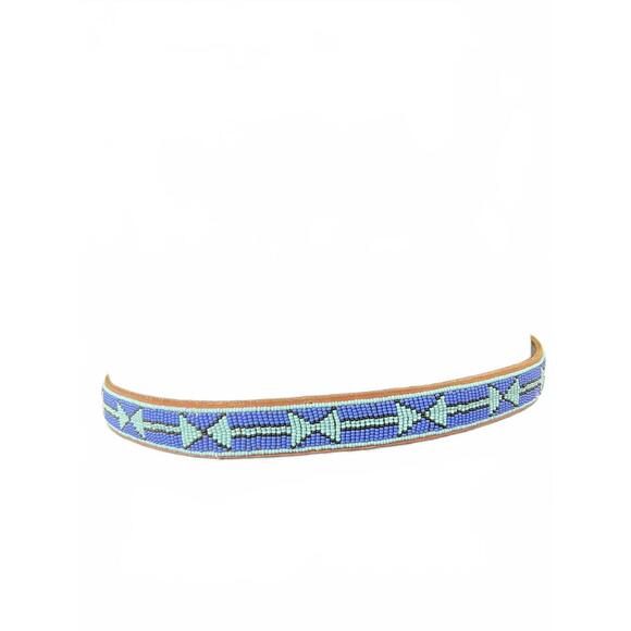 70s Vtg Hand Beaded Blue Southwestern Pattern Tan Leather Belt 35" - Picture 4 of 7